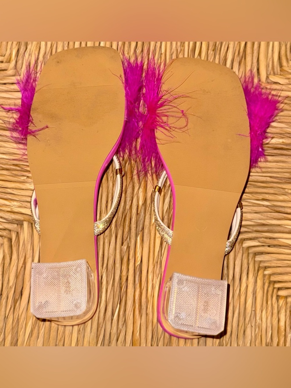 Pre-Loved Hot Pink Feather Slide Mules with Glitter Straps - Picture 5 of 6